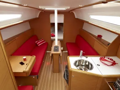 Salon of Carry On, a Jeanneau Sun Odyssey 33i sailboat at Kontokali, Greece