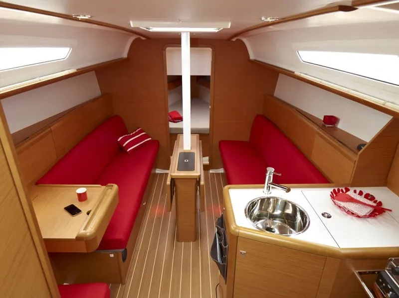 Salon of Carry On, a Jeanneau Sun Odyssey 33i sailboat at Kontokali, Greece