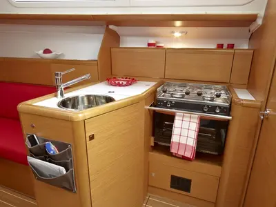 Galley of Carry On, a Jeanneau Sun Odyssey 33i sailboat at Kontokali, Greece