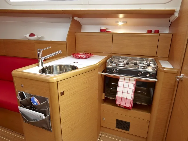 Galley of Carry On, a Jeanneau Sun Odyssey 33i sailboat at Kontokali, Greece