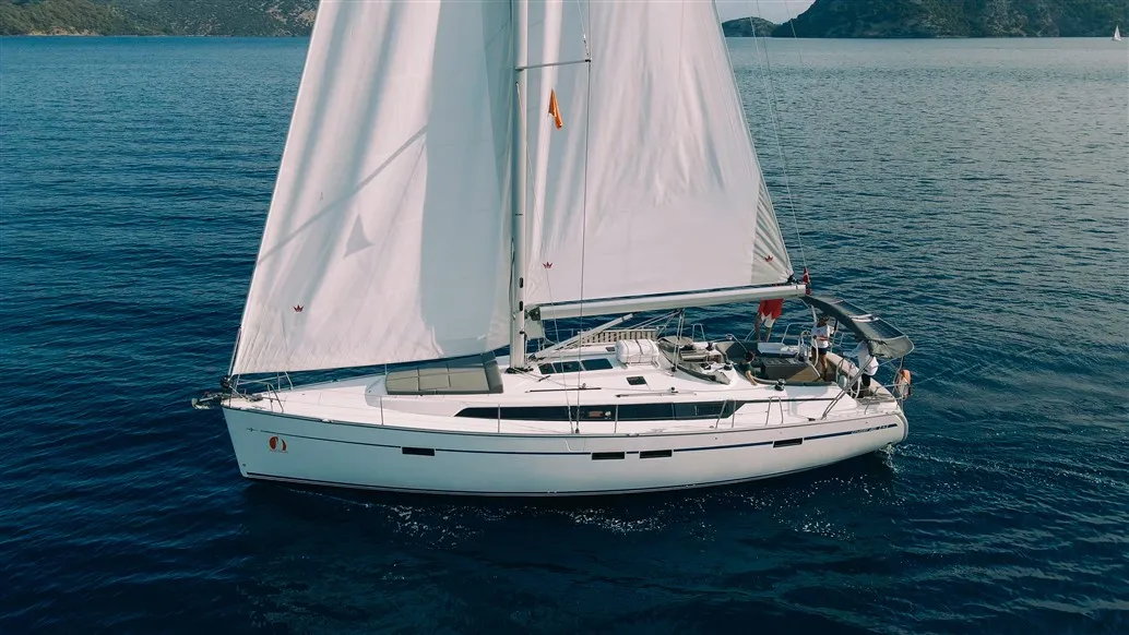 Exterior view of Nautilus One, a Bavaria Cruiser 46 sailboat at Fethiye, Turkey