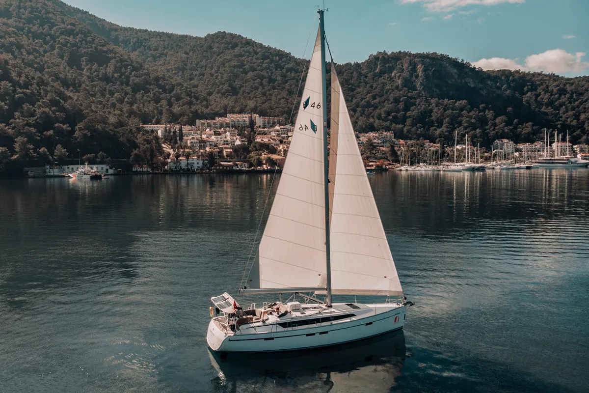 Exterior view of Nautilus One, a Bavaria Cruiser 46 sailboat at Fethiye, Turkey