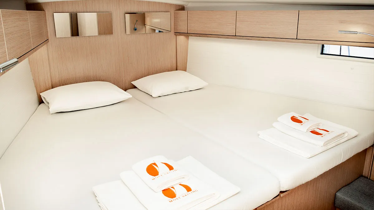 Cabin on Nautilus One, a Bavaria Cruiser 46 sailboat at Fethiye, Turkey