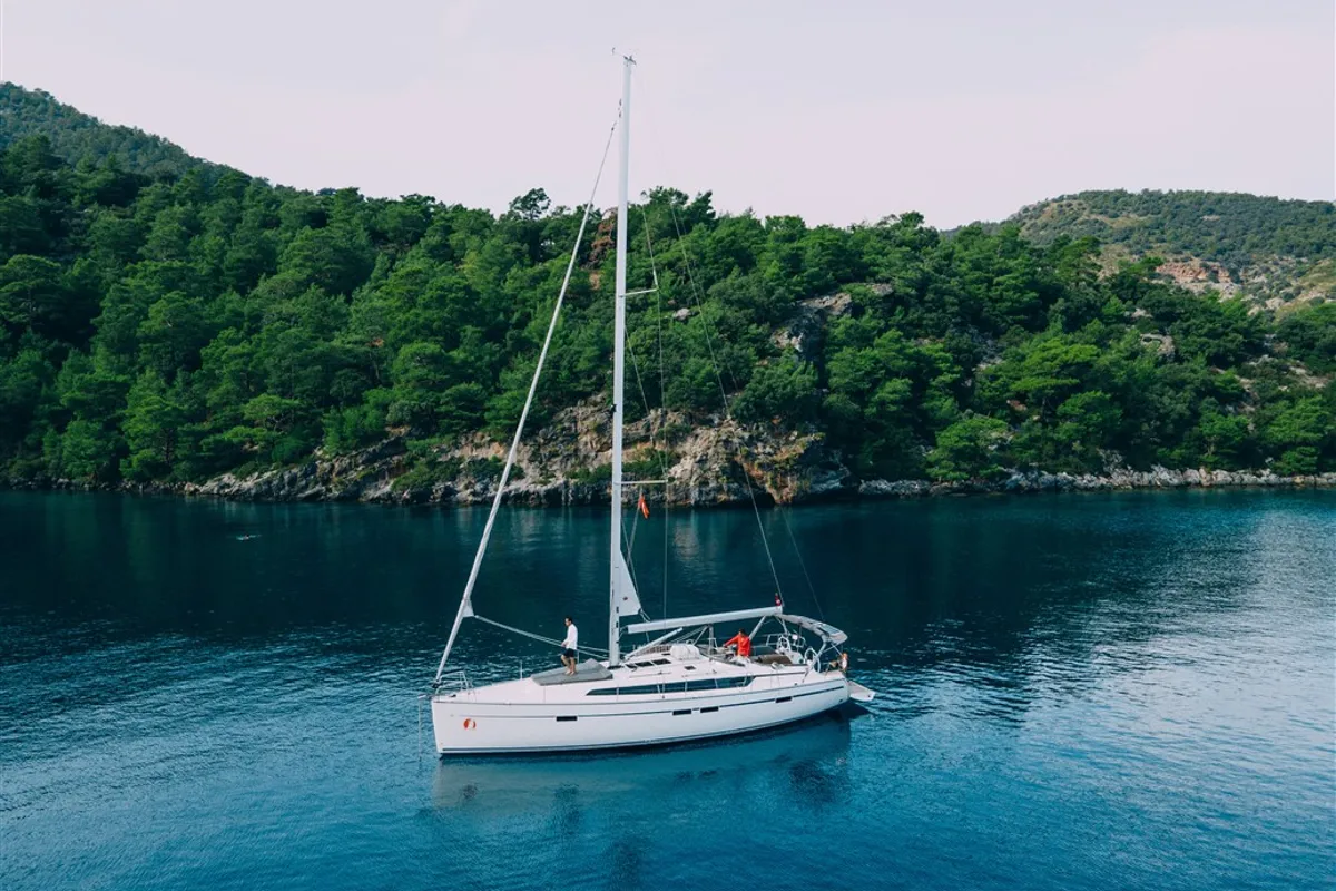 Exterior view of Nautilus One, a Bavaria Cruiser 46 sailboat at Fethiye, Turkey