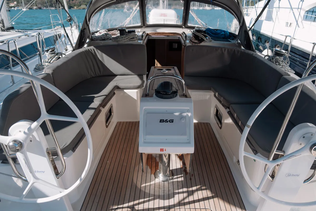 Cockpit of Nautilus One, a Bavaria Cruiser 46 sailboat at Fethiye, Turkey