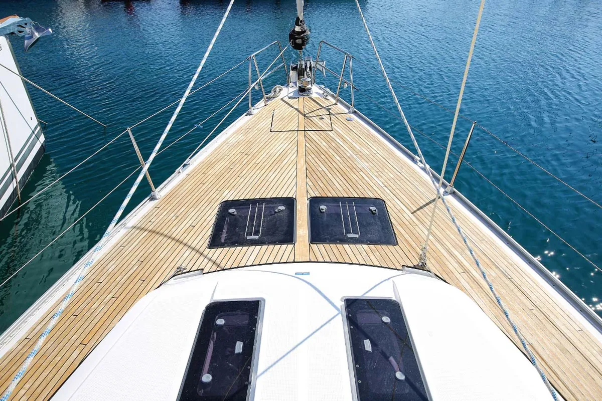 Deck of Marcellino, a Bavaria Cruiser 51 sailboat at Jezera, Croatia