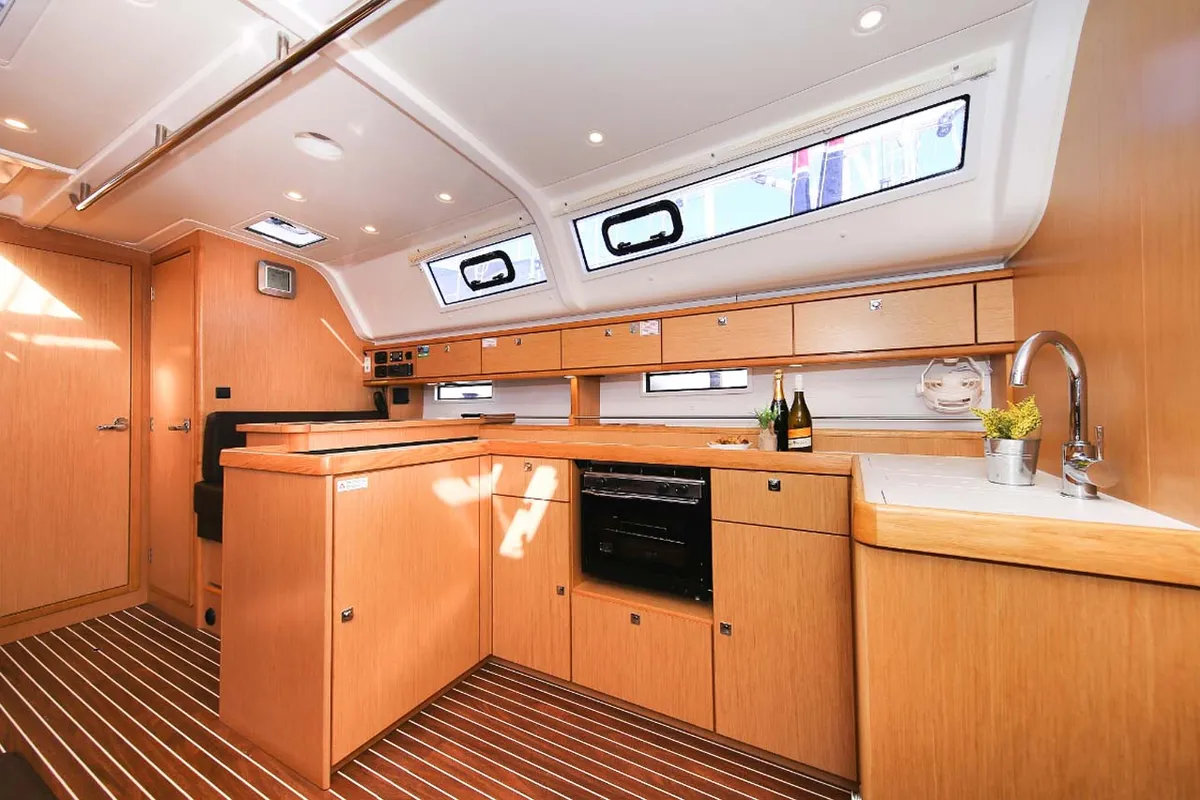 Galley of Marcellino, a Bavaria Cruiser 51 sailboat at Jezera, Croatia