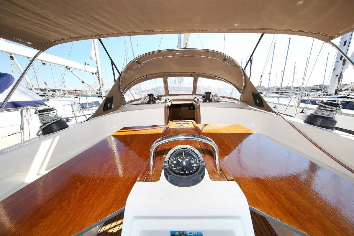Cockpit of Marcellino, a Bavaria Cruiser 51 sailboat at Jezera, Croatia