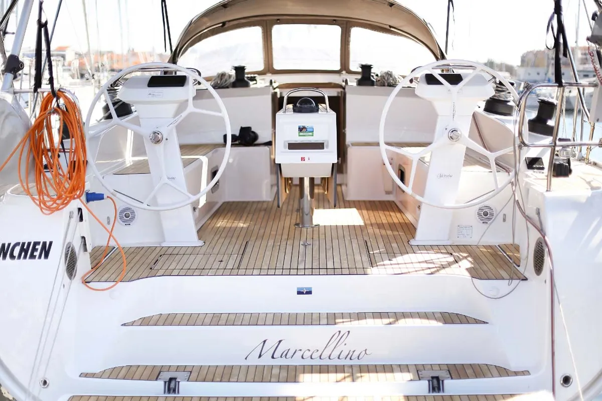 Cockpit of Marcellino, a Bavaria Cruiser 51 sailboat at Jezera, Croatia