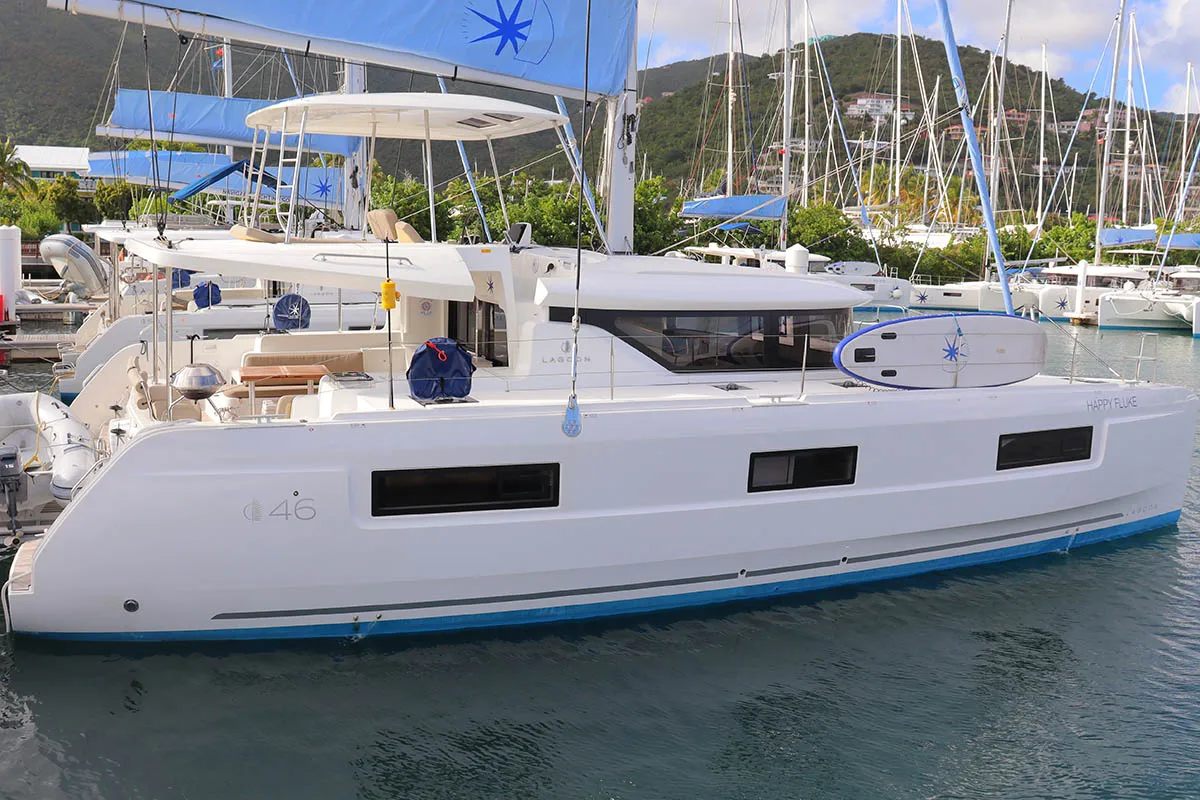 Exterior view of Happy Fluke, a Lagoon 46 catamaran at Road Town, British Virgin Islands