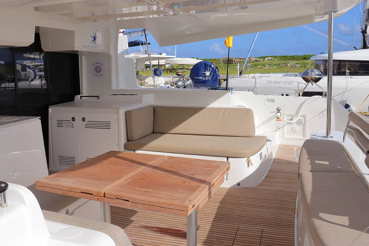 Deck of  Happy Fluke, a Lagoon 46 catamaran at Road Town, British Virgin Islands