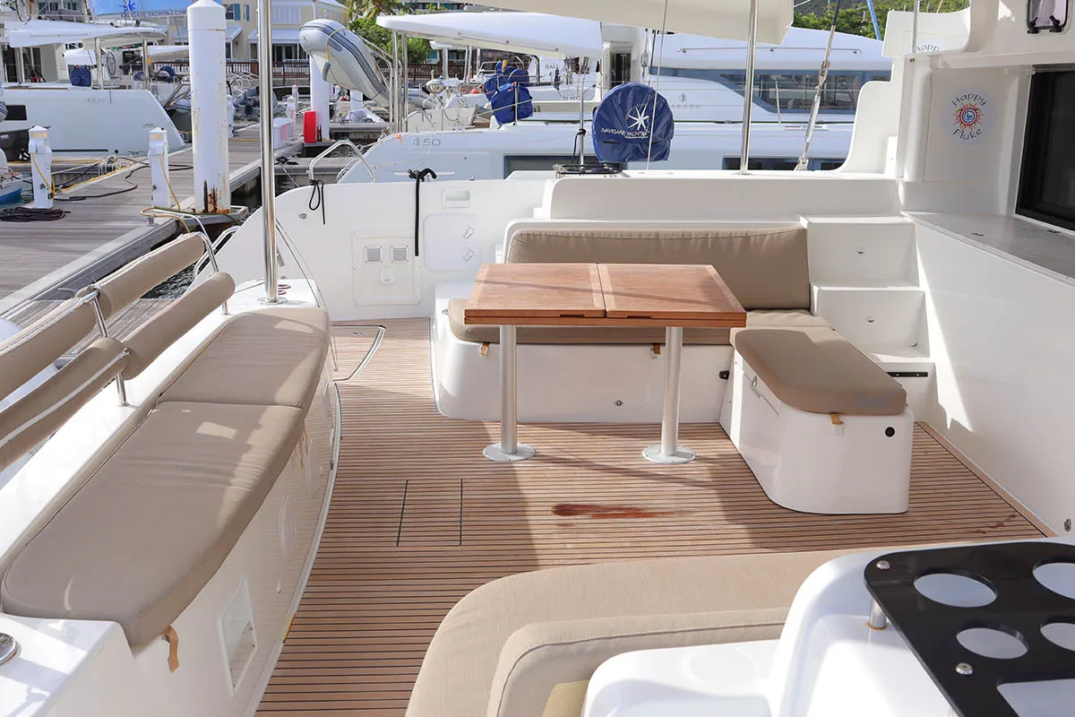 Deck of Happy Fluke, a Lagoon 46 catamaran at Road Town, British Virgin Islands