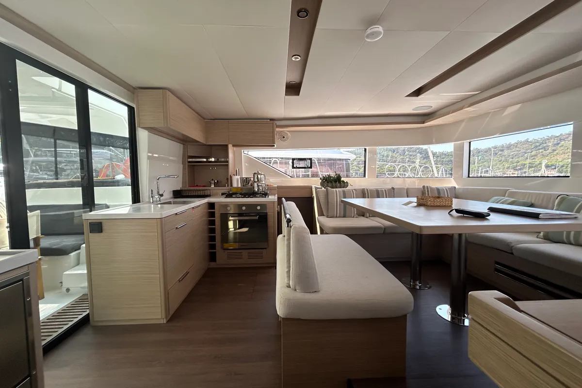 Salon of Libre, a Lagoon 51 catamaran at Fethiye, Turkey