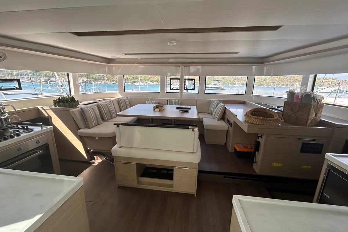 Salon of Libre, a Lagoon 51 catamaran at Fethiye, Turkey