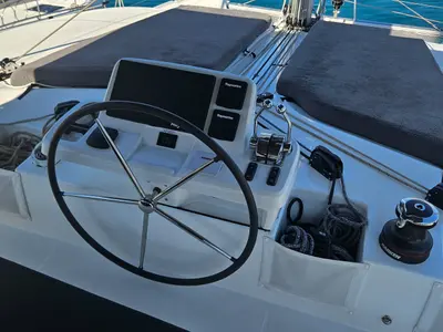 Cockpit of Libre, a Lagoon 51 catamaran at Fethiye, Turkey
