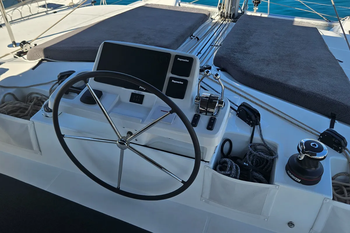 Cockpit of Libre, a Lagoon 51 catamaran at Fethiye, Turkey