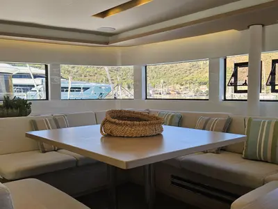 Salon of Libre, a Lagoon 51 catamaran at Fethiye, Turkey