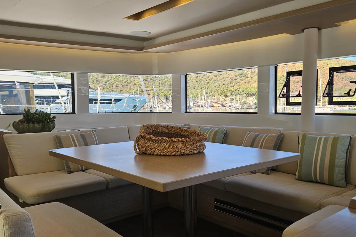Salon of Libre, a Lagoon 51 catamaran at Fethiye, Turkey