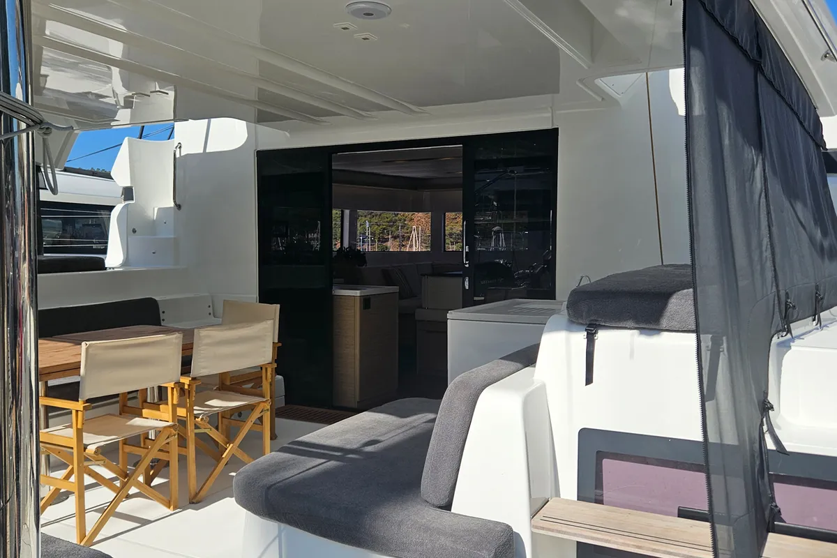 Deck of Libre, a Lagoon 51 catamaran at Fethiye, Turkey