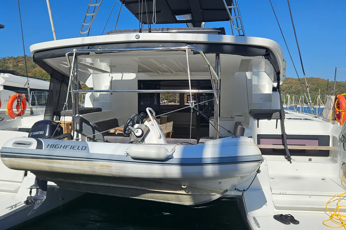 Exterior view of Libre, a Lagoon 51 catamaran at Fethiye, Turkey