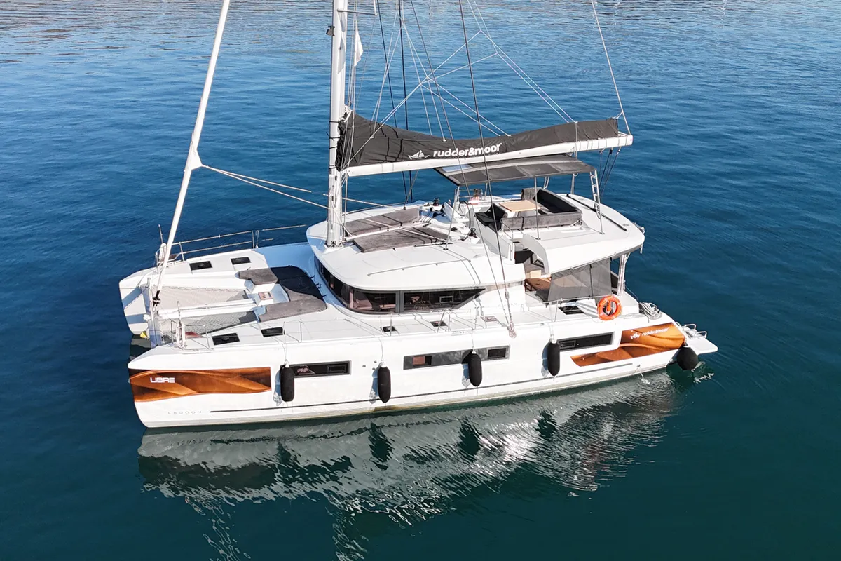 Exterior view of Libre, a Lagoon 51 catamaran at Fethiye, Turkey