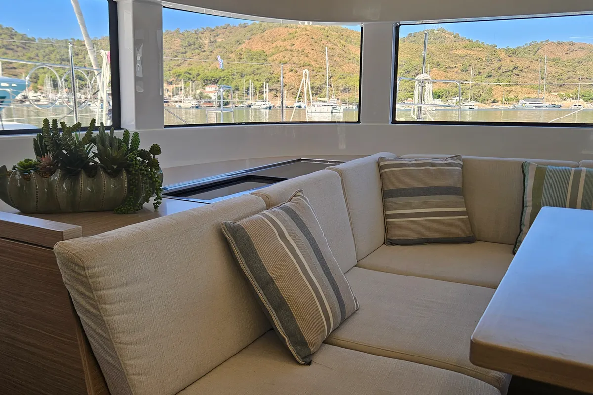 Salon of Libre, a Lagoon 51 catamaran at Fethiye, Turkey