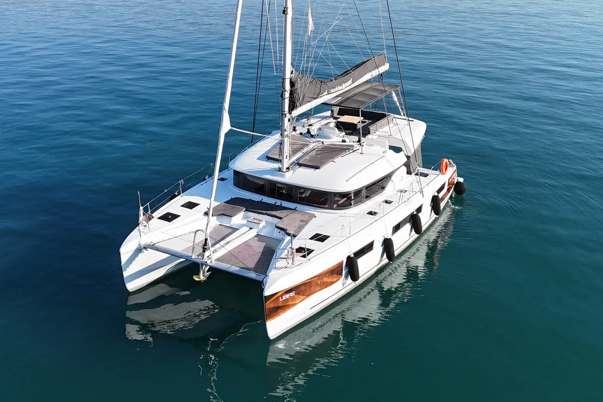 Exterior view of Libre, a Lagoon 51 catamaran at Fethiye, Turkey
