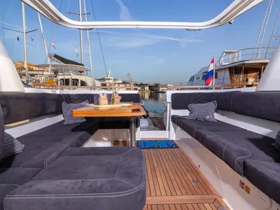 Deck of 7 Happy Days, a Marex 360 Cabriolet Cruiser motor yacht at Grad Šibenik, Croatia