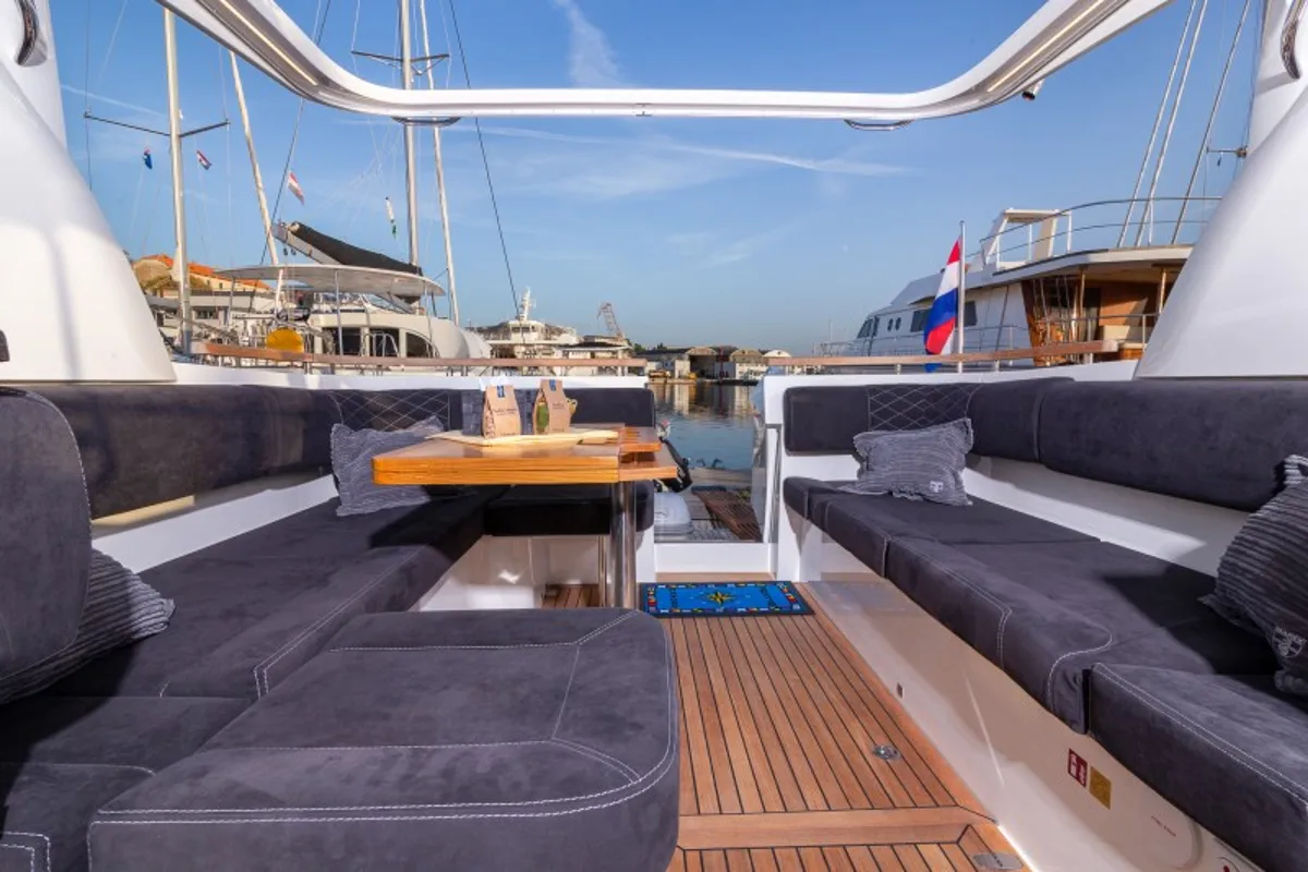 Deck of 7 Happy Days, a Marex 360 Cabriolet Cruiser motor yacht at Grad Šibenik, Croatia