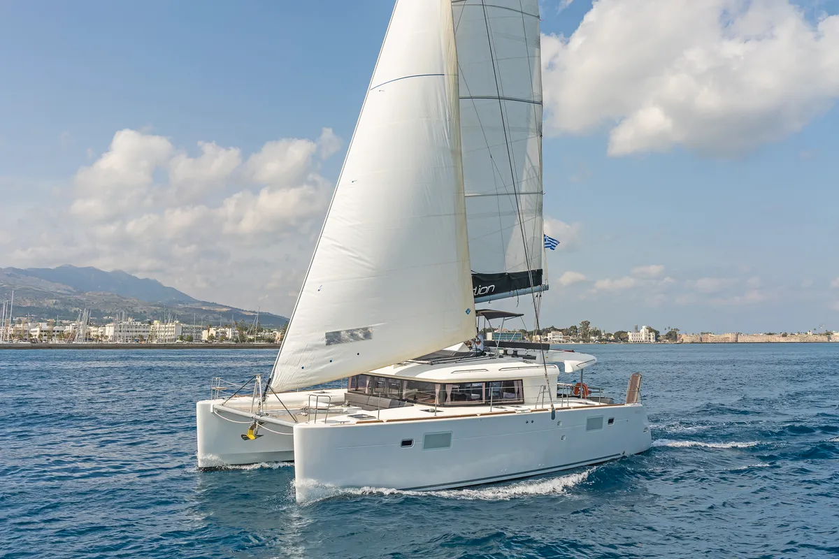Exterior view of Nemesis, a Lagoon 450 Fly catamaran at Kos, Greece