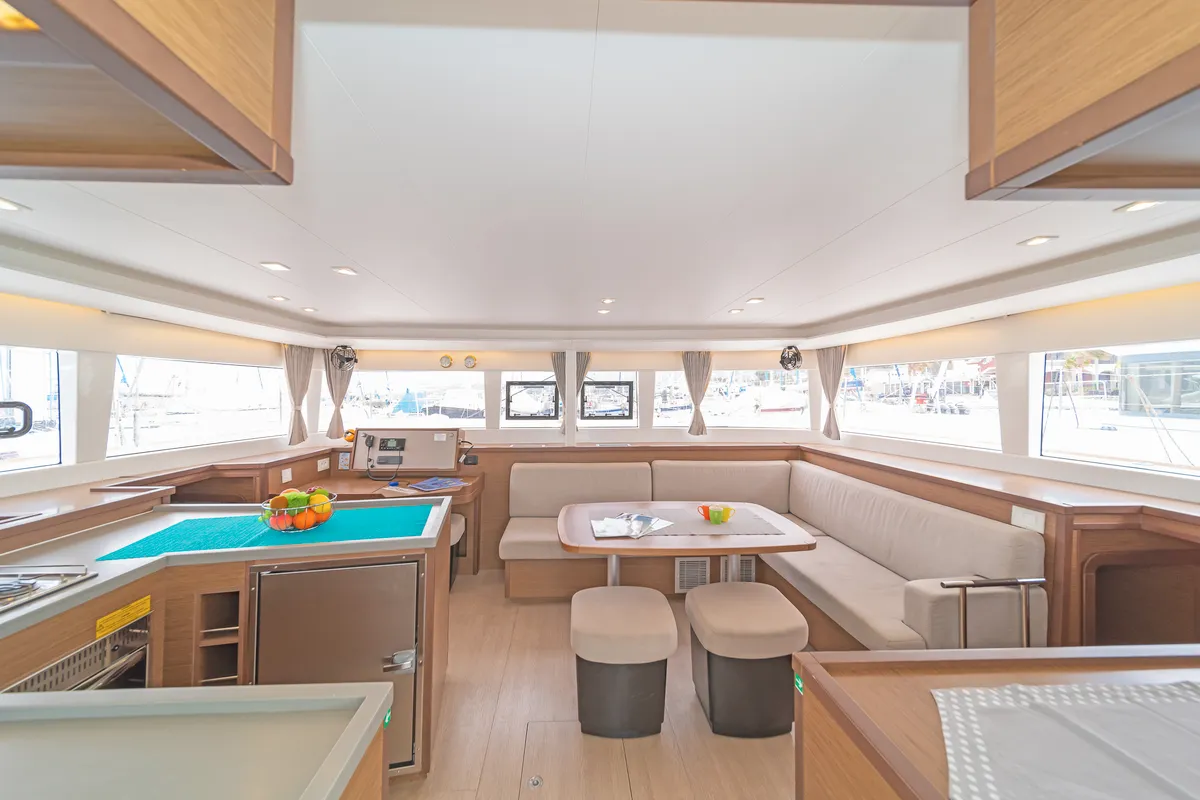 Salon of Nemesis, a Lagoon 450 Fly catamaran at Kos, Greece