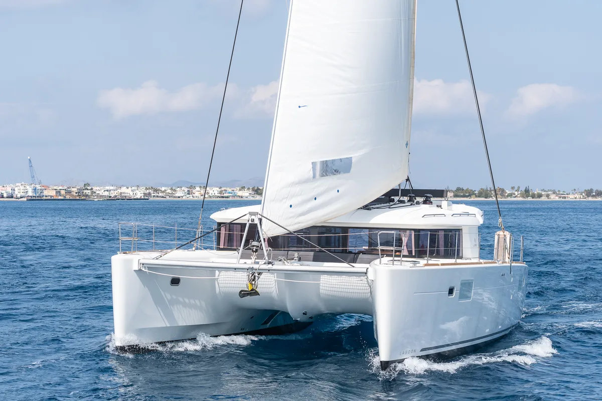 Exterior view of Nemesis, a Lagoon 450 Fly catamaran at Kos, Greece