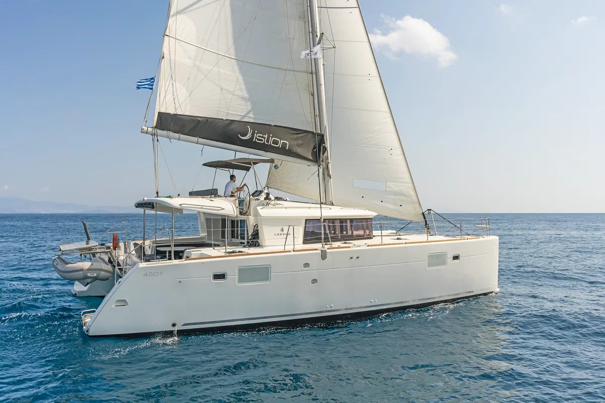 Exterior view of Nemesis, a Lagoon 450 Fly catamaran at Kos, Greece