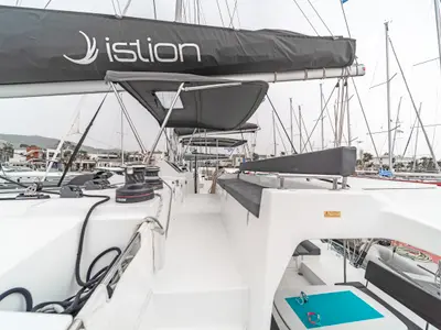 Deck of Nemesis, a Lagoon 450 Fly catamaran at Kos, Greece
