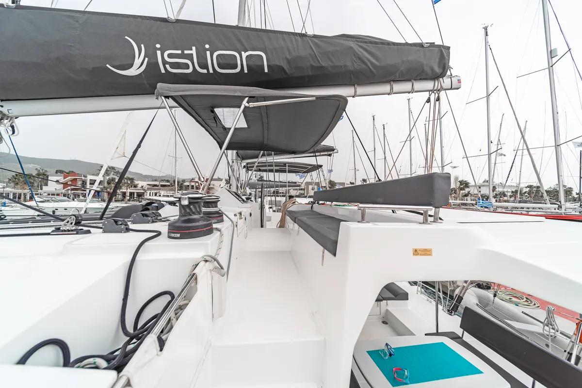 Deck of Nemesis, a Lagoon 450 Fly catamaran at Kos, Greece