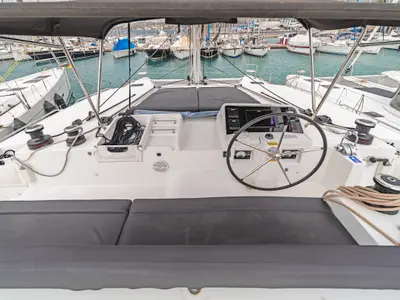 Cockpit of Nemesis, a Lagoon 450 Fly catamaran at Kos, Greece