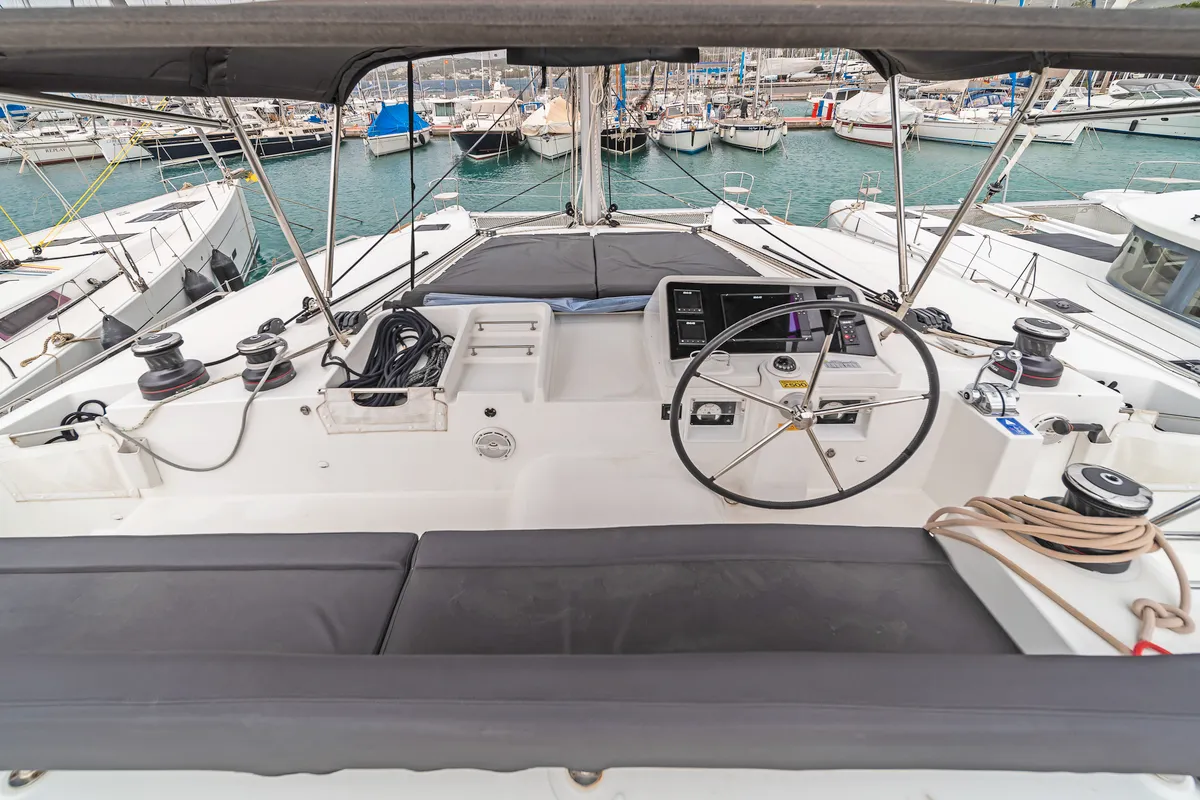 Cockpit of Nemesis, a Lagoon 450 Fly catamaran at Kos, Greece