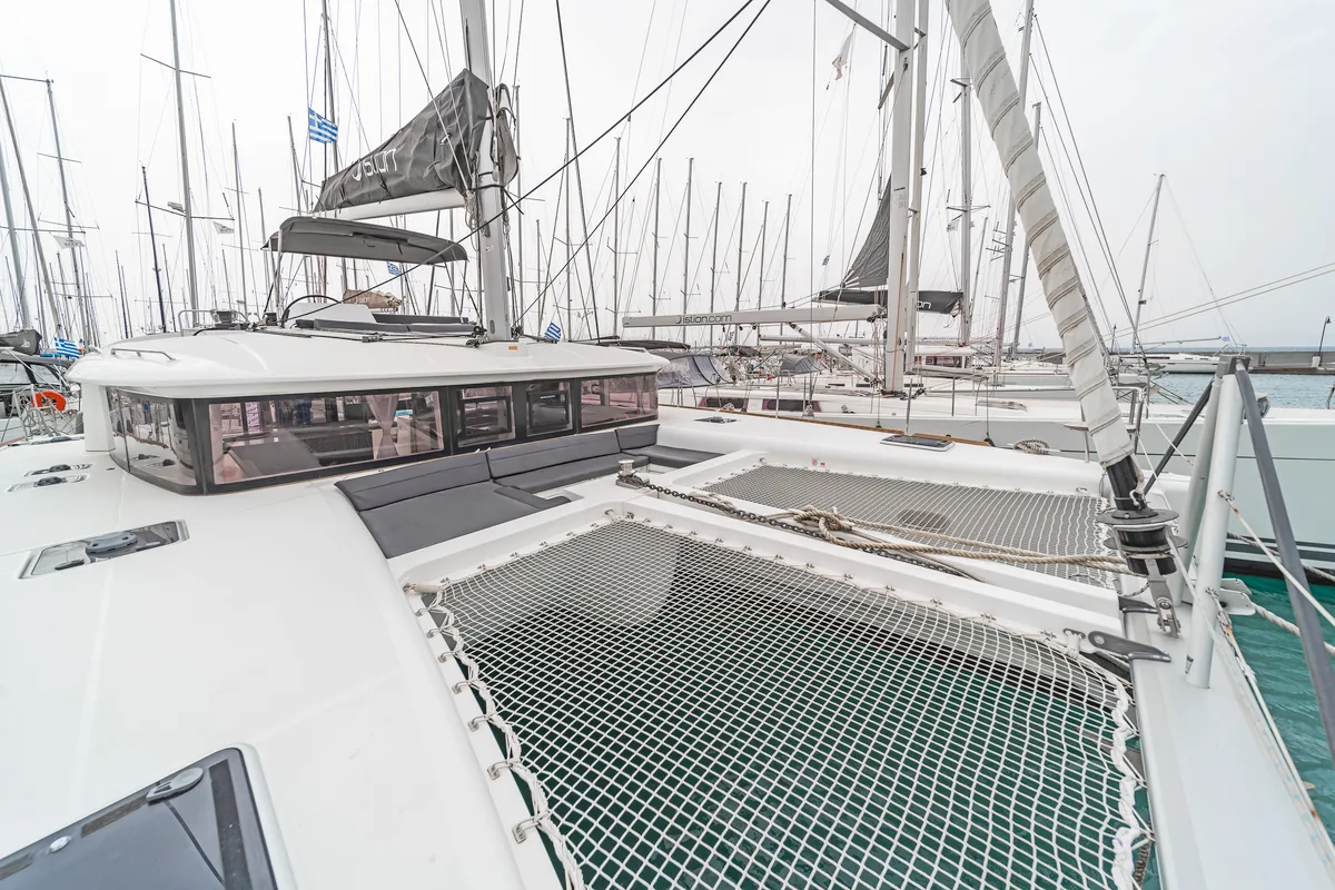 Deck of Nemesis, a Lagoon 450 Fly catamaran at Kos, Greece