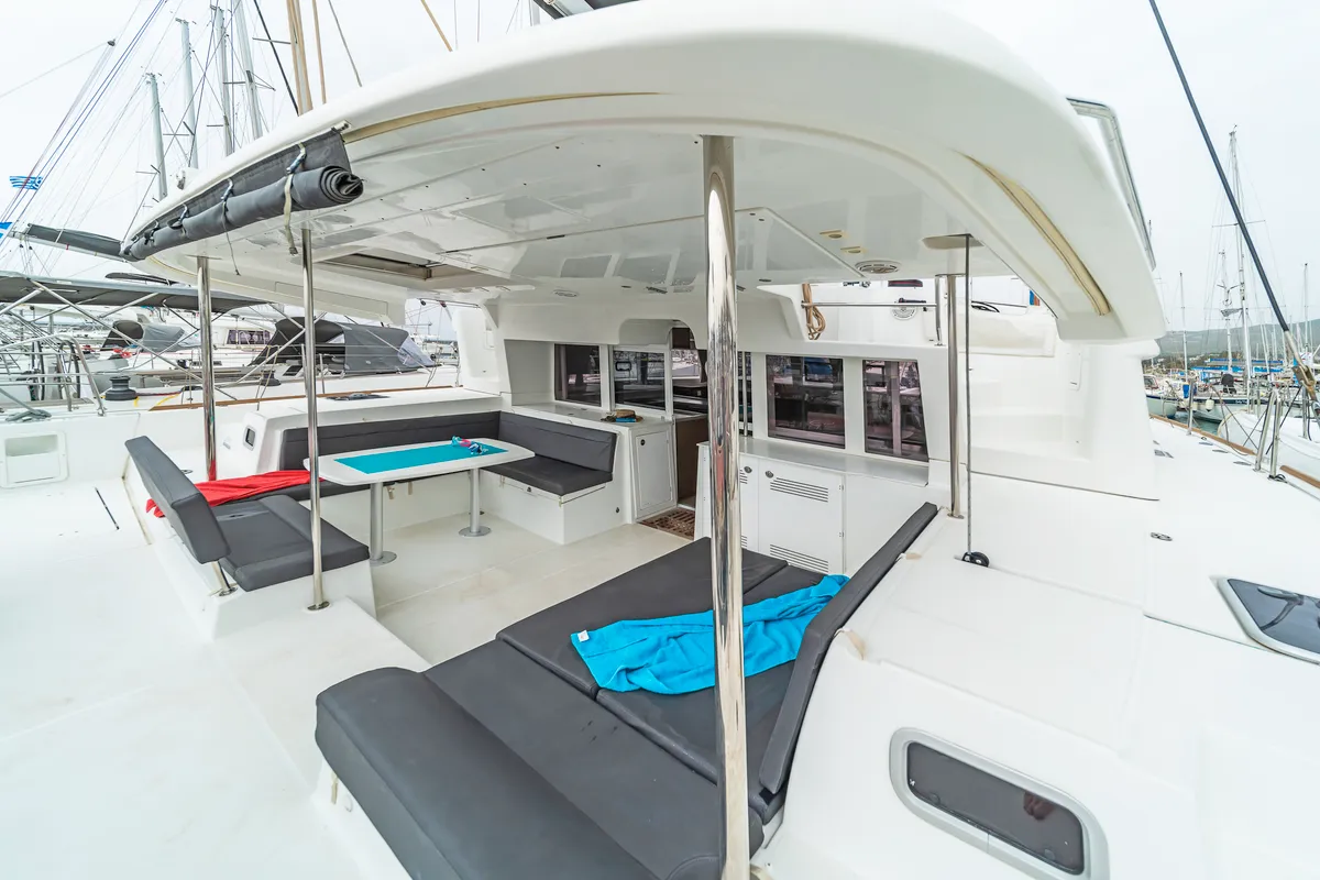 Deck of Nemesis, a Lagoon 450 Fly catamaran at Kos, Greece