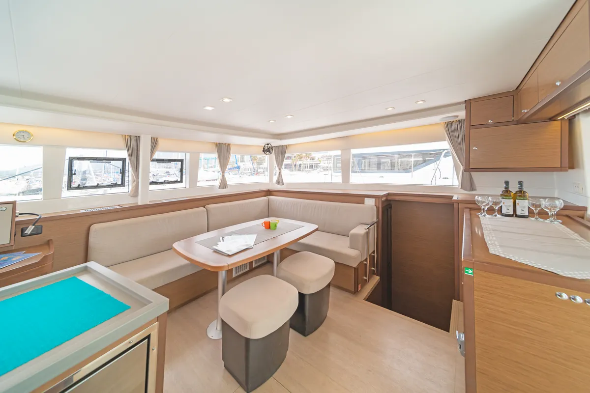 Salon of Nemesis, a Lagoon 450 Fly catamaran at Kos, Greece