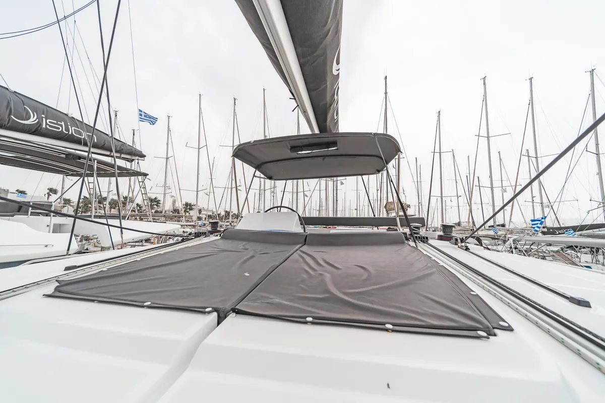 Deck of Nemesis, a Lagoon 450 Fly catamaran at Kos, Greece
