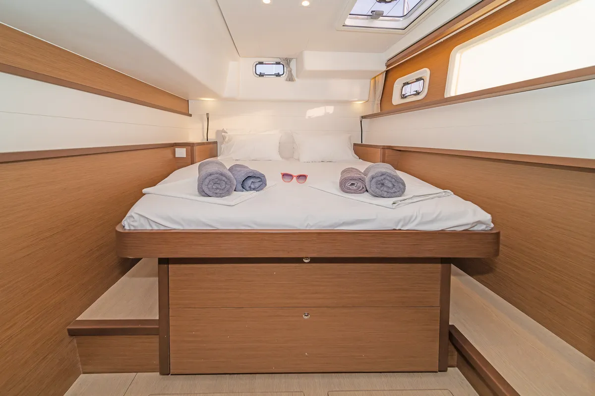 Cabin on Nemesis, a Lagoon 450 Fly catamaran at Kos, Greece