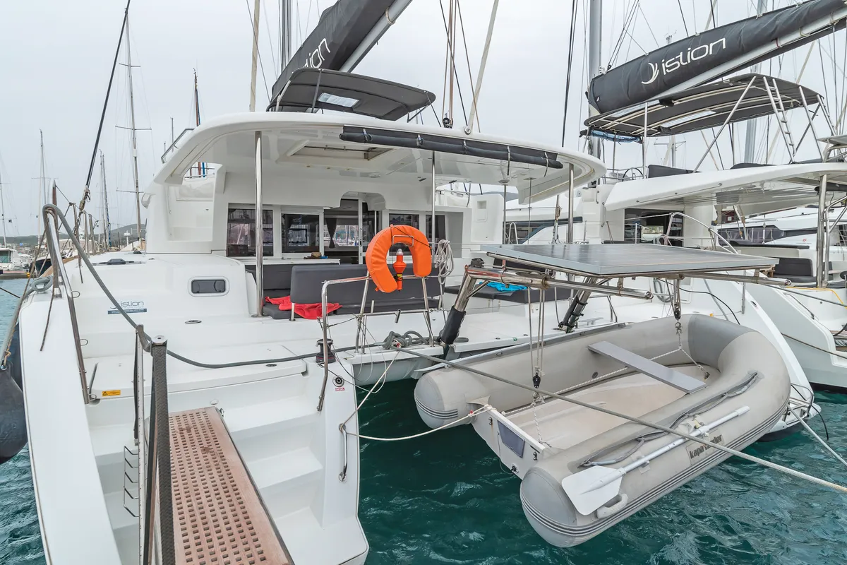 Deck of Nemesis, a Lagoon 450 Fly catamaran at Kos, Greece