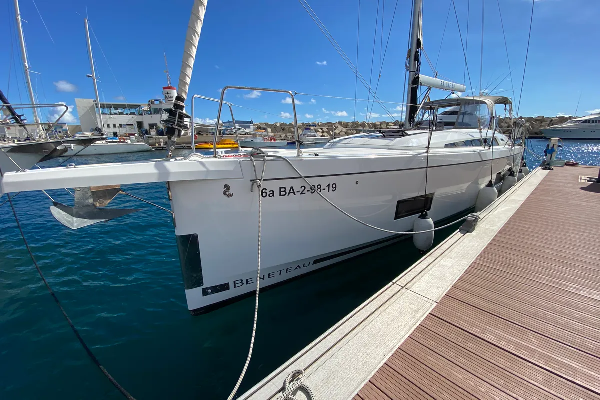 Exterior view of No Stress, a Beneteau Oceanis 46.1 sailboat at Ibiza, Spain