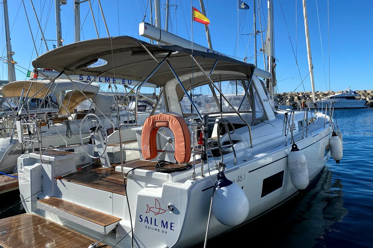 Exterior view of No Stress, a Beneteau Oceanis 46.1 sailboat at Ibiza, Spain