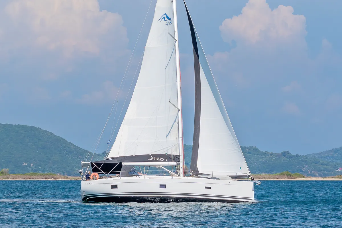 Exterior view of Euphoria, a Hanse 458 sailboat at Municipal Unit of Lefkada, Greece