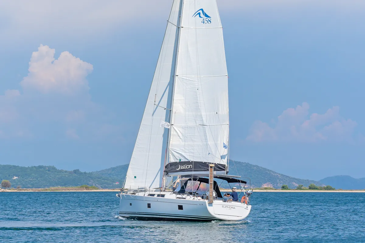 Exterior view of Euphoria, a Hanse 458 sailboat at Municipal Unit of Lefkada, Greece