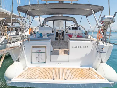 Deck of Euphoria, a Hanse 458 sailboat at Municipal Unit of Lefkada, Greece