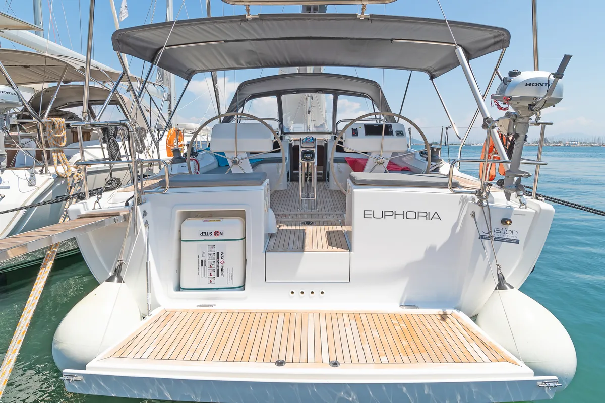 Deck of Euphoria, a Hanse 458 sailboat at Municipal Unit of Lefkada, Greece