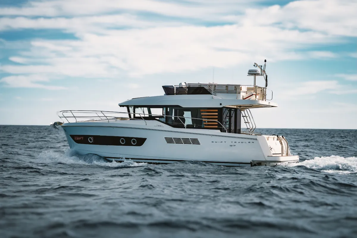 Exterior view of ZOE, a Beneteau Swift Trawler 37 Fly motorboat at Split, Croatia